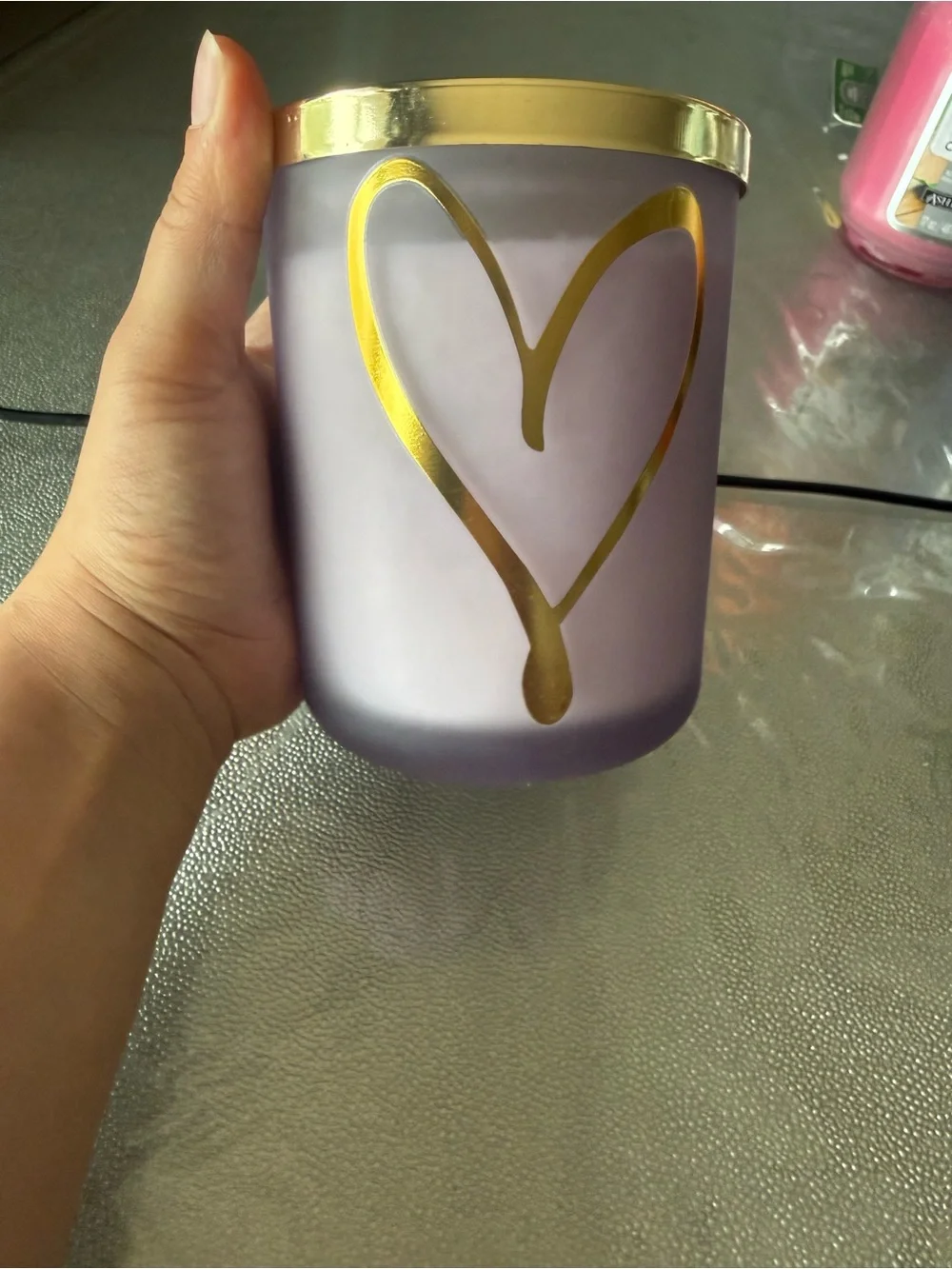 Lavender Frosted Glass Candle Holder with Gold Heart Accent